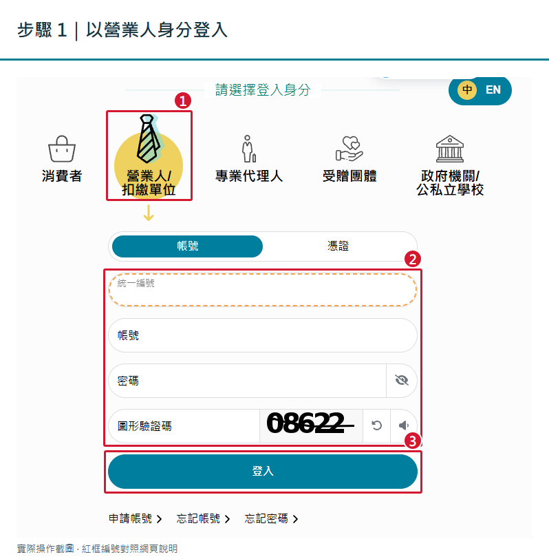 營業人登入畫面：1 選營業人身分，2 填入登入資料，3 按登入
